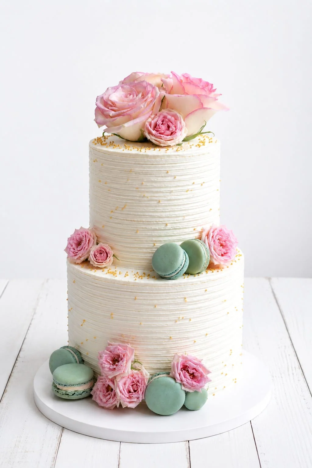Textured ivory two-tier cake with roses and mint macarons