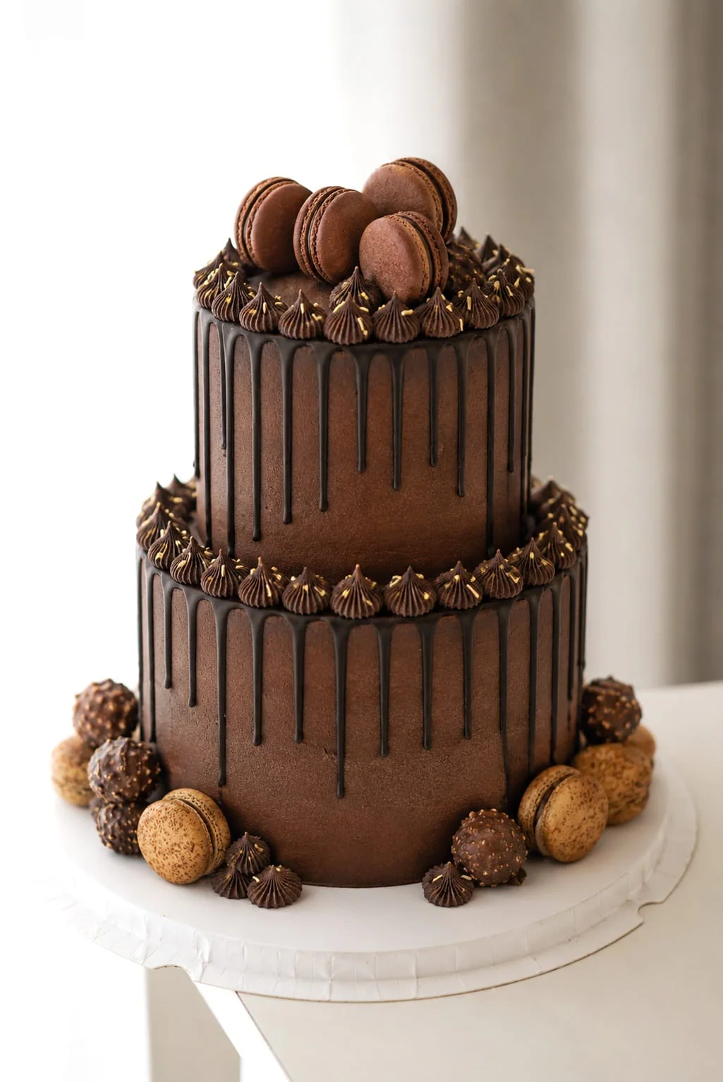 Two-tier chocolate cake with piped ganache and truffles