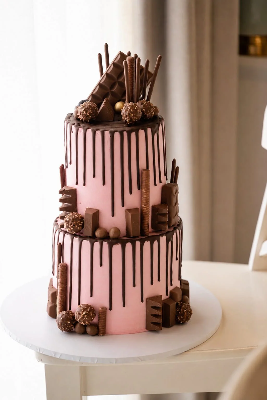 Blush two-tier chocolate drip cake with truffles