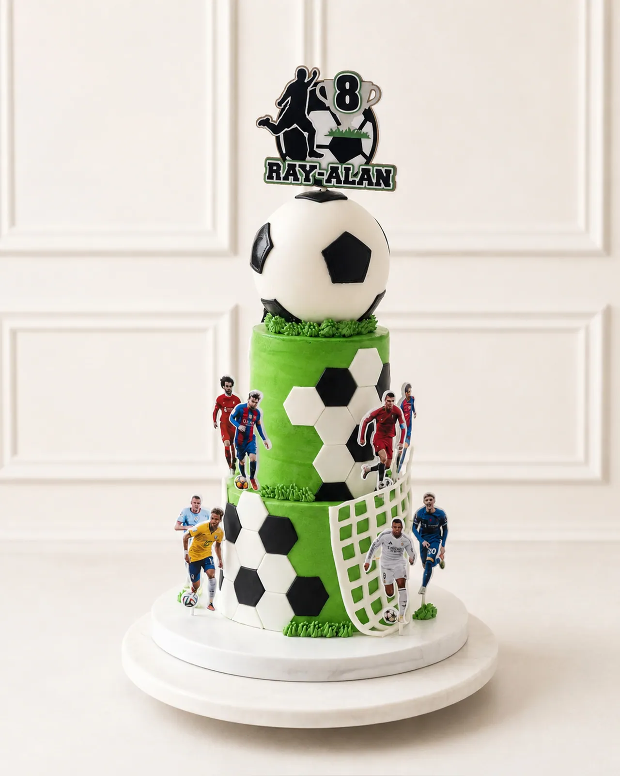 Three-tier football pitch cake