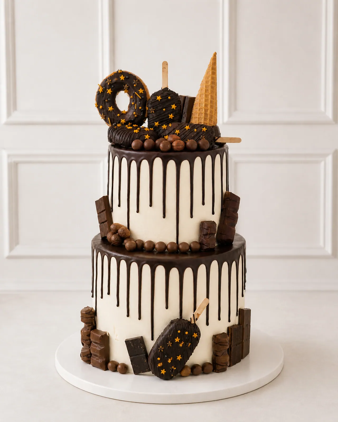 Two-tier chocolate drip celebration cake
