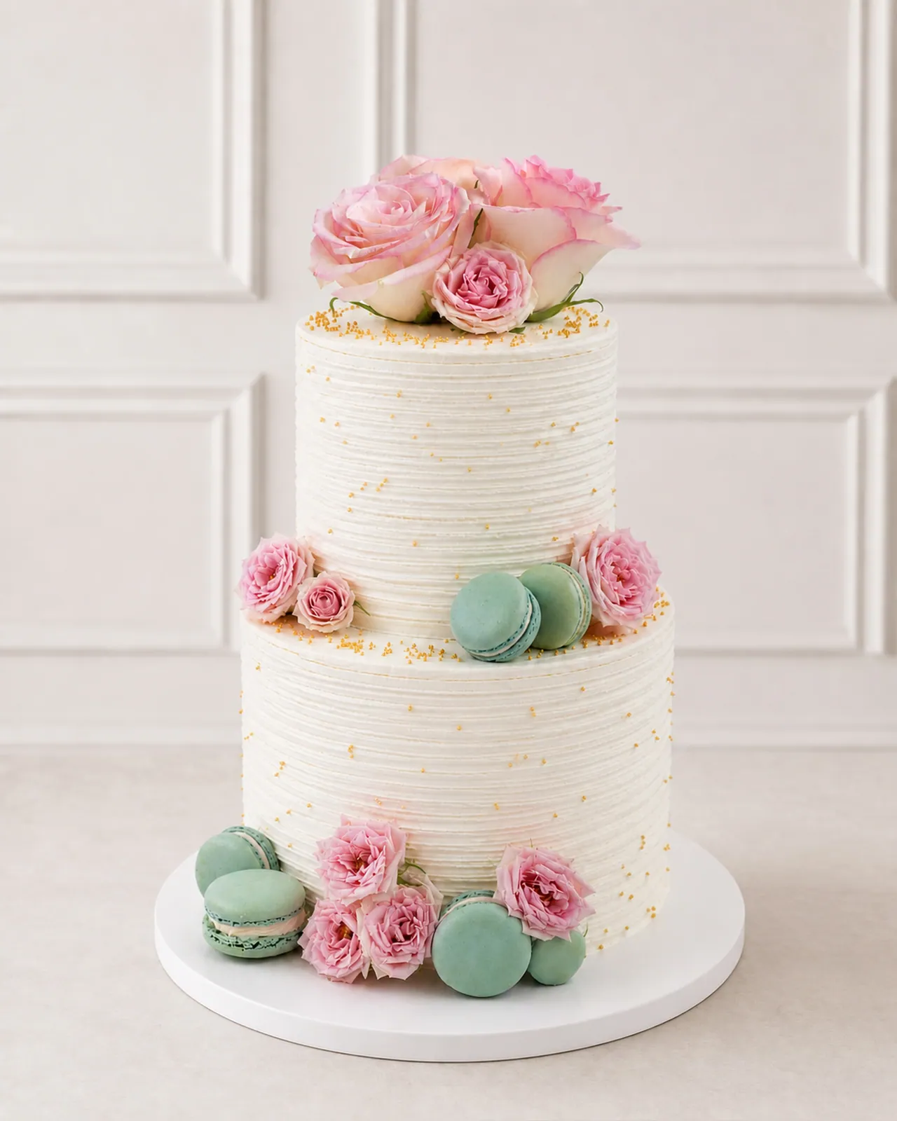 Two-tier rose and macaron cake