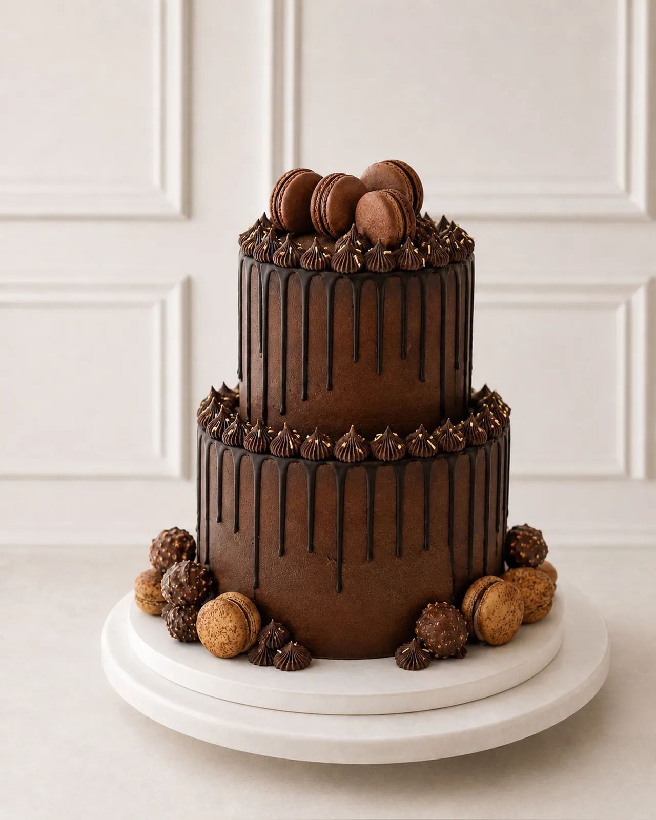 Two-tier chocolate cake with macarons