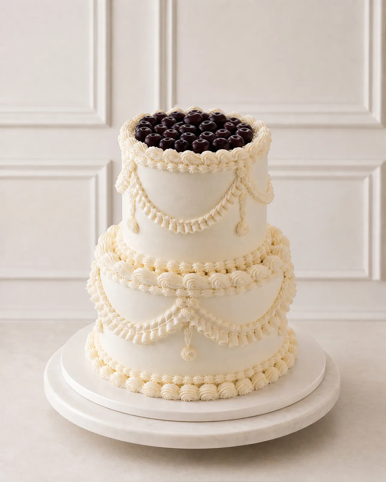 Two-tier pearl piped cake with cherries