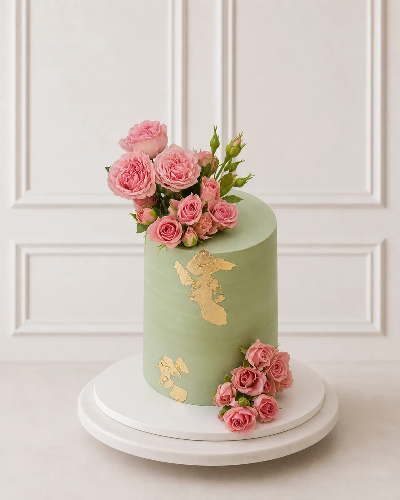 Sage green cake with gold leaf and roses