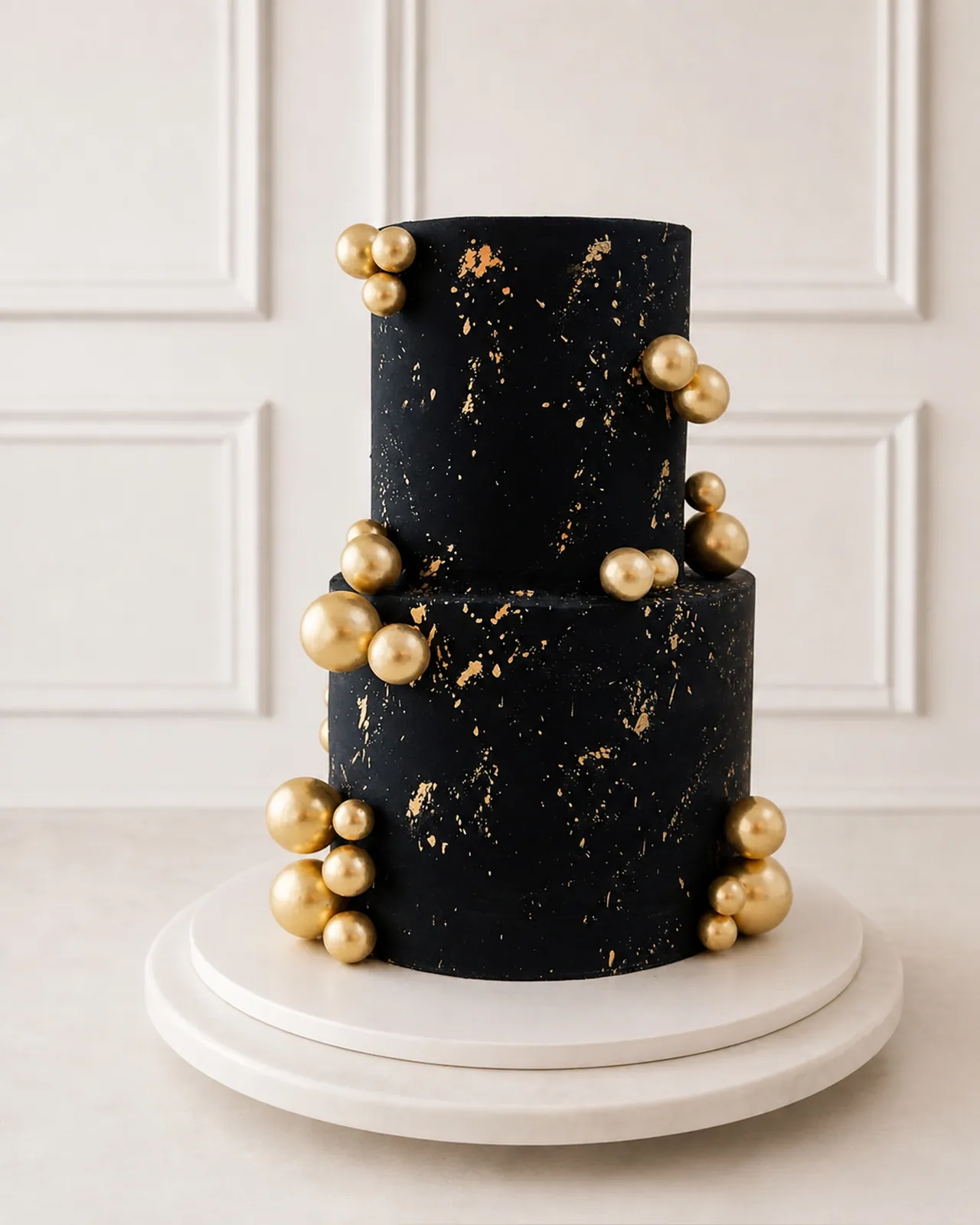 Two-tier black cake with gold spheres