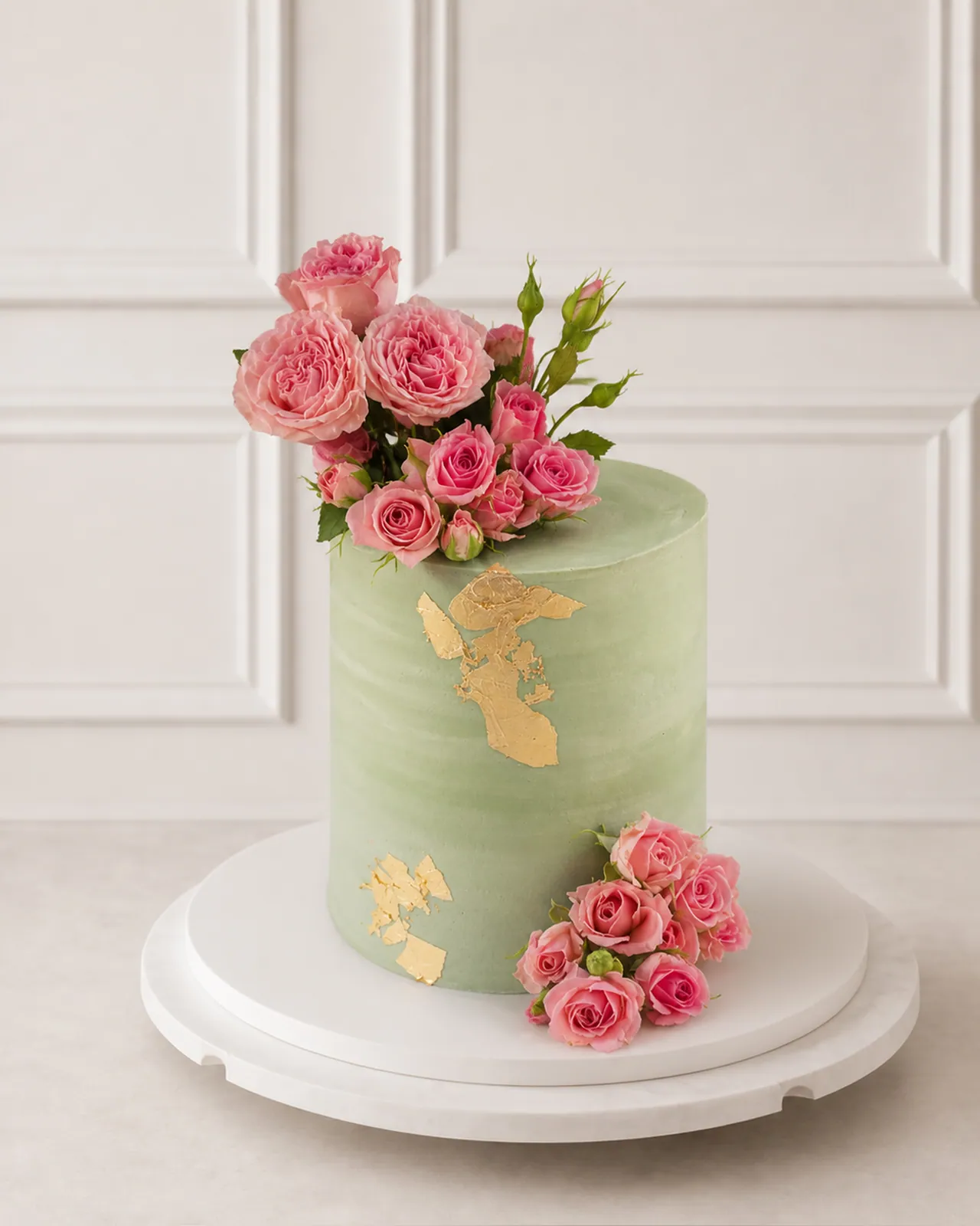 Sage cake with gold and pink roses