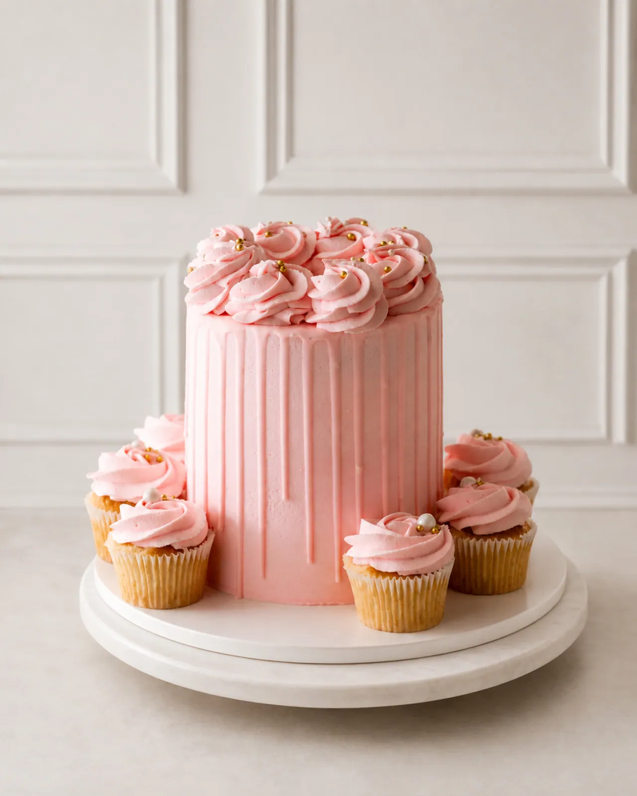 Pink piped cake with cupcakes