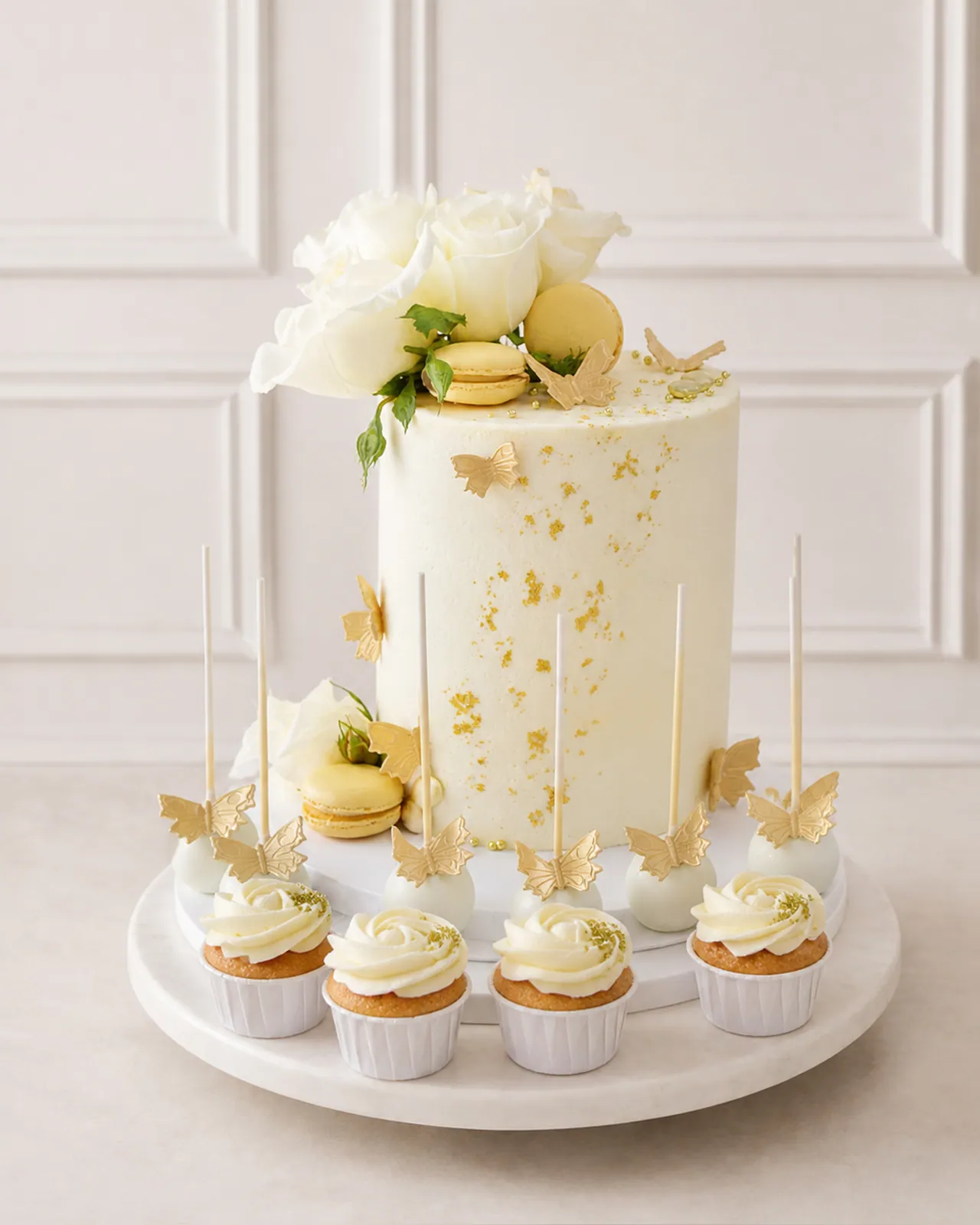 Two-tier gold cake with macarons and cupcakes