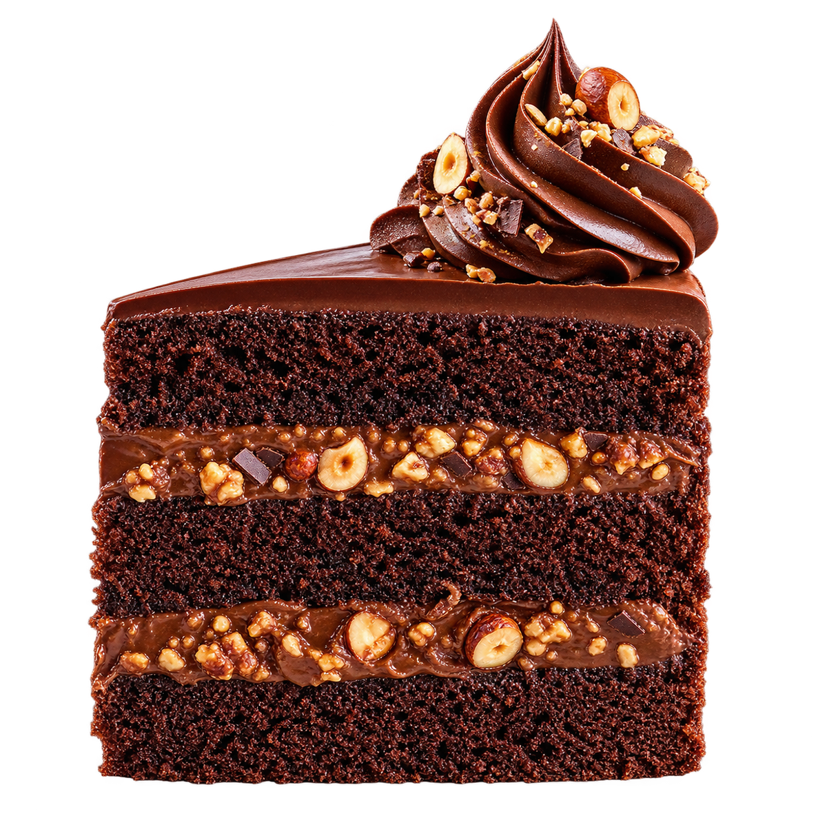 A slice of chocolate cake showing its sponge, hazelnut crunch filling and ganache