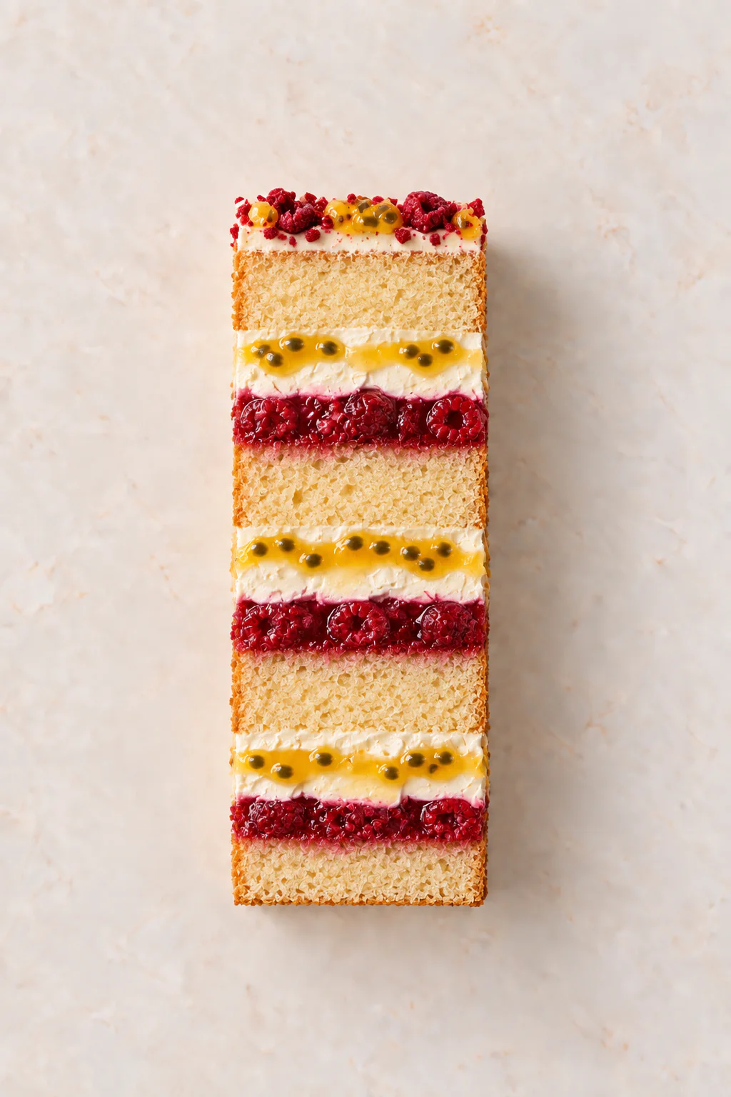 A cut slice of Vanilla with Passion Fruit Curd & Raspberry Compote cake