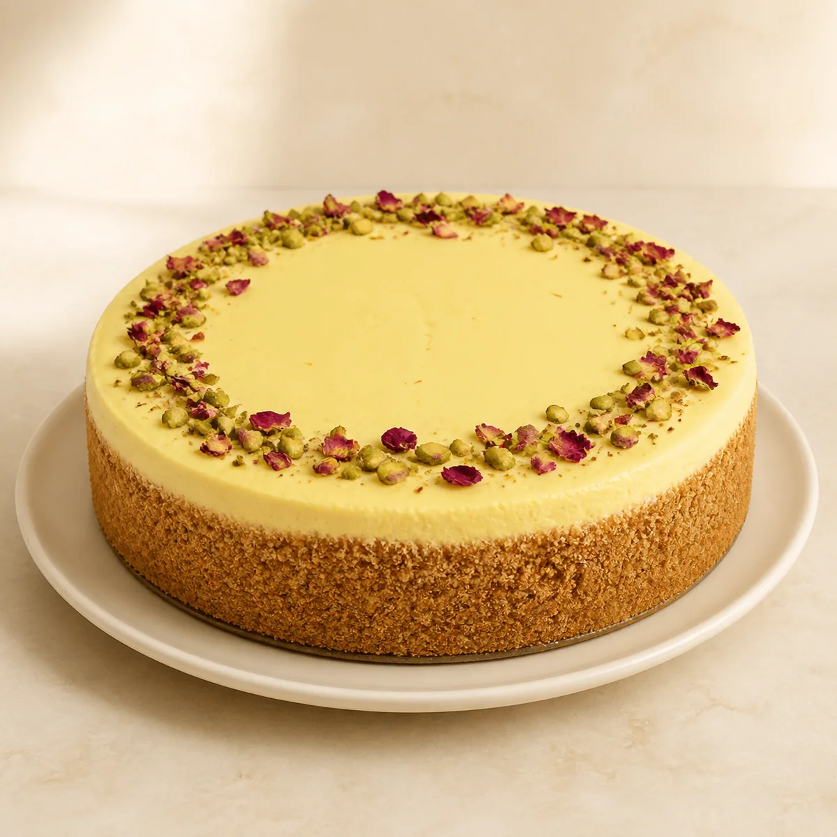 Rasmalai Cheesecake, Creamy cheesecake infused with rasmalai flavours, topped with pistachios and rose petals