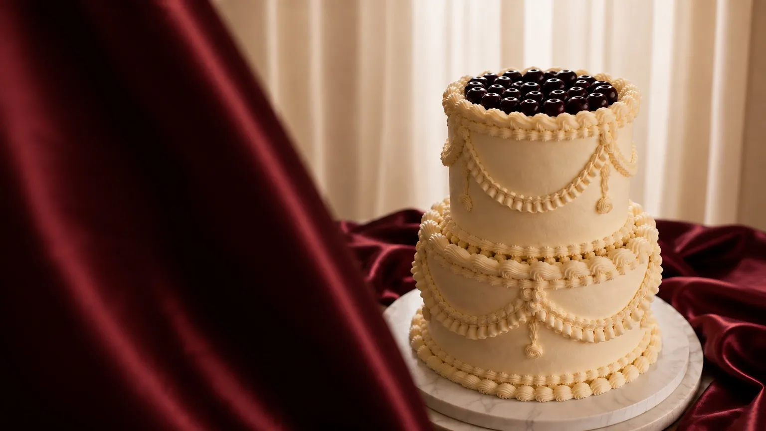 A two-tier ivory cake with piped swags and tassels, crowned with dark cherries, on a marble stand against wine satin