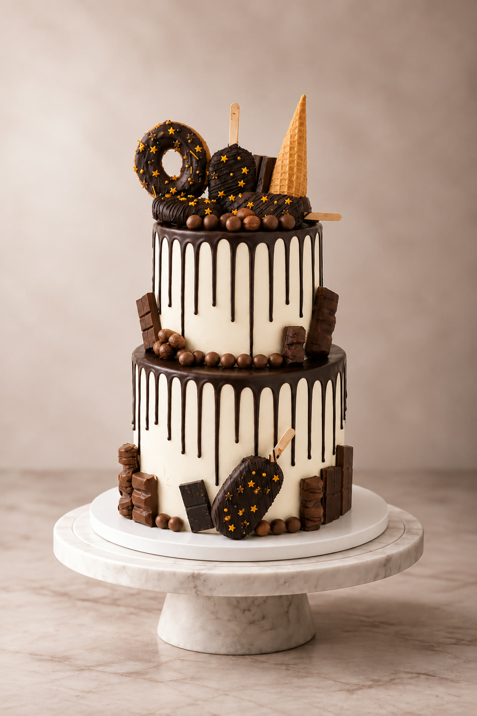 A two-tier ivory celebration cake with dark chocolate drips, chocolate bars, doughnuts and ice cream treats