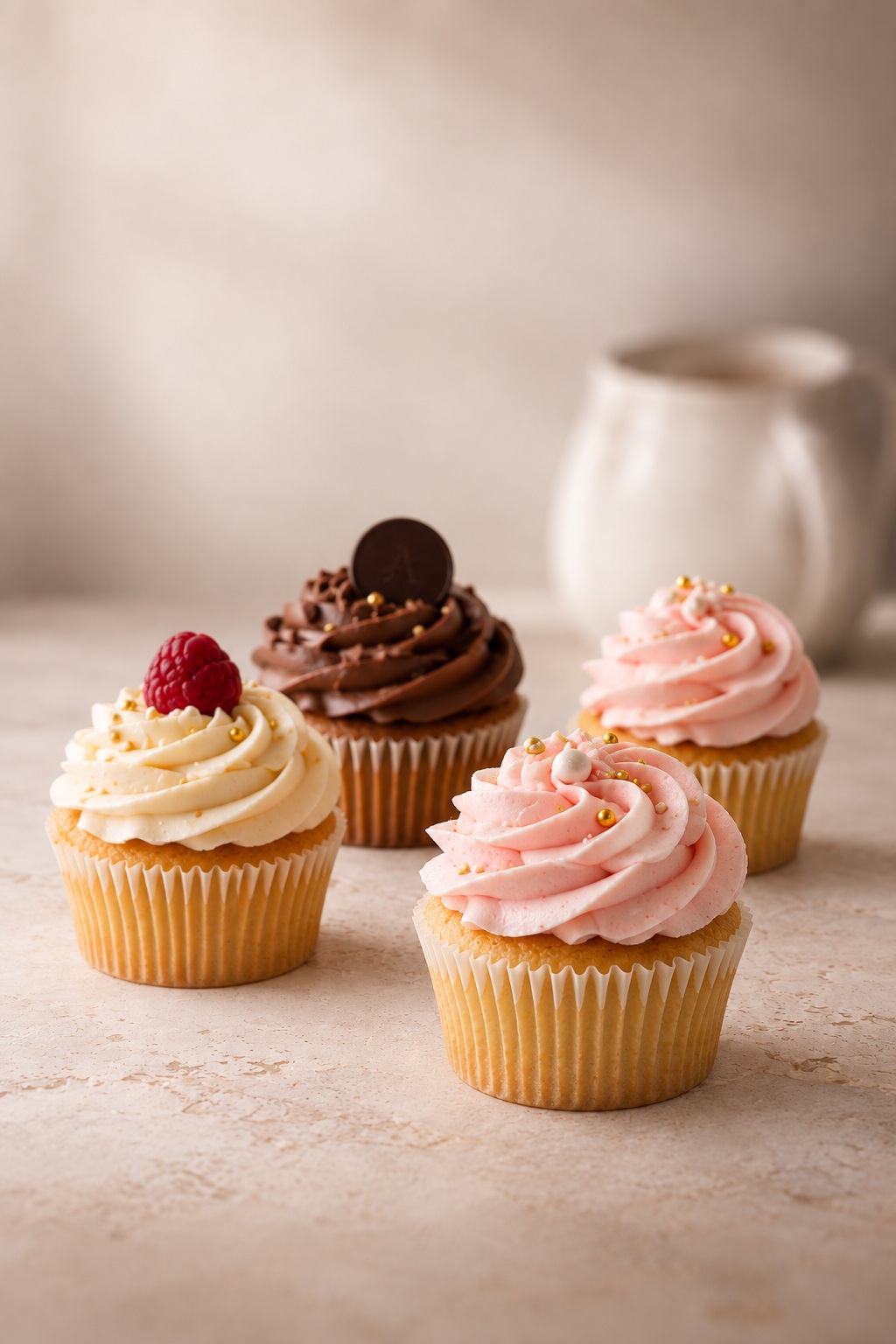 Four cupcakes swirled with vanilla, chocolate and strawberry buttercream, finished with berries and gold pearls