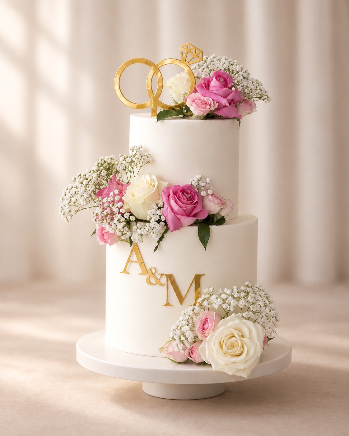 A two tier white cake with gold A and M initials, fresh roses and a gold ring topper