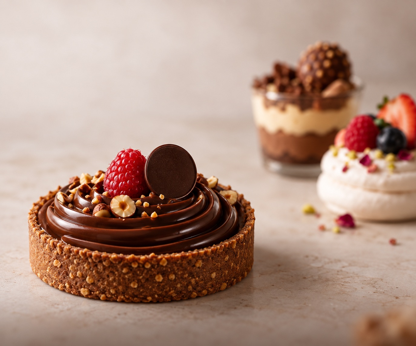 A chocolate hazelnut tart topped with a raspberry, a layered dessert cup and a berry pavlova behind it