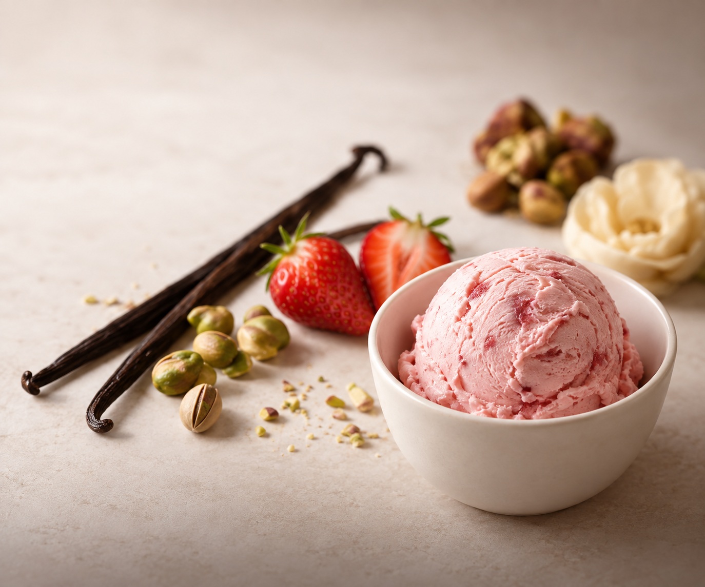 A scoop of strawberry ice cream in a bowl beside vanilla pods, pistachios and fresh strawberries