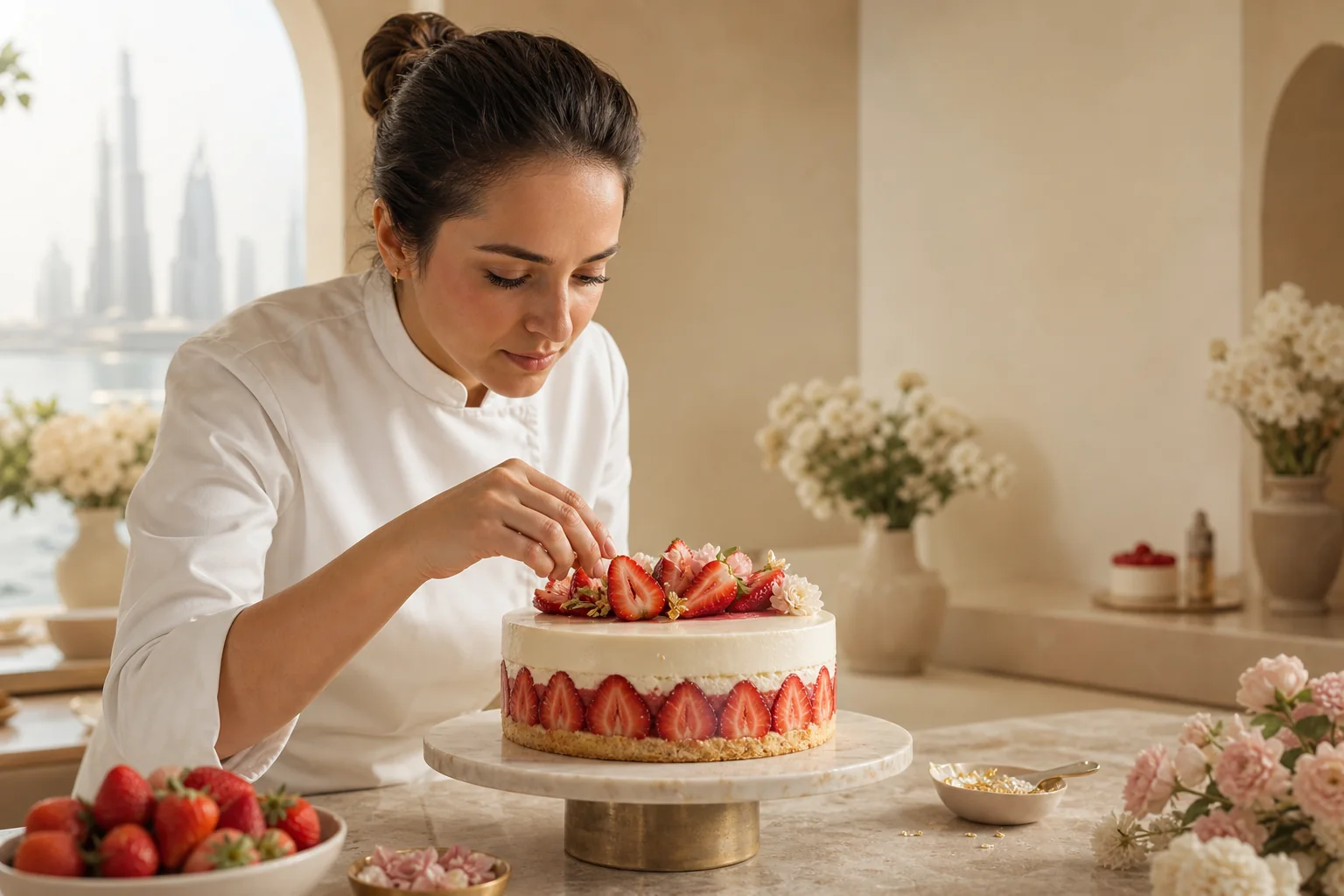 Pastry chef finishing a strawberry cake at A Cake Affair bakery